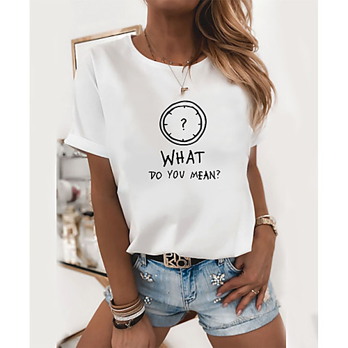 

Women's T shirt Graphic Text Print Round Neck Tops 100% Cotton Basic Basic Top White