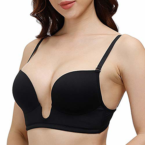 

yandw women low cut deep u plunge bra padded push up v shape clear back multiway invisible straps backless longline bras black, 40c