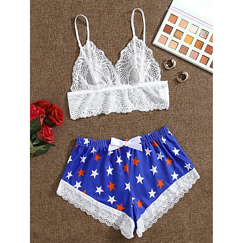 

Women's Lace Sexy Lingerie Nightwear Geometric Bra & Panty Set Blue One-Size / Strap