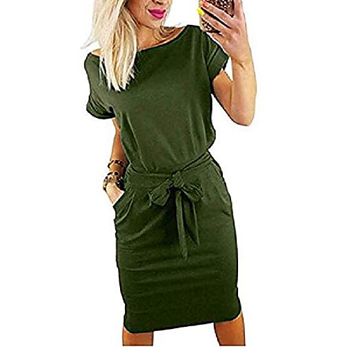 

tueenhuge womens elegant short lantern sleeve casual pencil dress with belt dark green