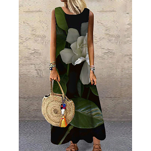 

Women's Shift Dress Maxi long Dress Black Sleeveless Floral Print Print Spring Summer Round Neck Casual 2021 S M L XL XXL 3XL