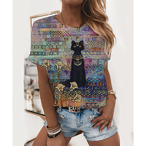 

Women's T shirt Cat Graphic Print Round Neck Tops Basic Basic Top Purple Yellow