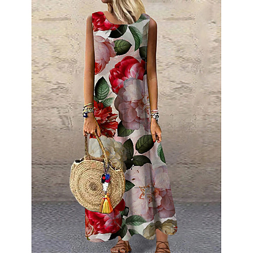

Women's Shift Dress Maxi long Dress Rainbow Sleeveless Floral Print Print Spring Summer Round Neck Casual 2021 S M L XL XXL 3XL
