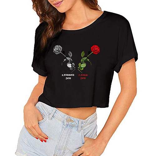 

Women's Crop Tshirt Floral Letter Print Round Neck Tops 100% Cotton Basic Basic Top Black