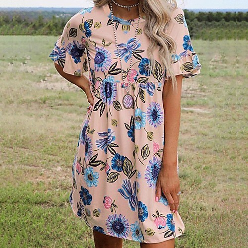 

Women's Shift Dress Knee Length Dress Blushing Pink Royal Blue Short Sleeve Floral Print Spring Summer Round Neck Formal Cotton 2021 S M L XL XXL 3XL