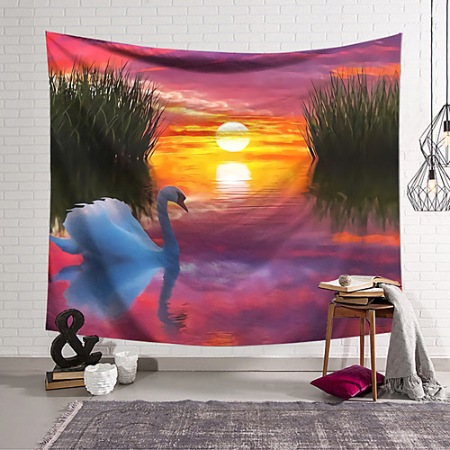 

Wall Tapestry Art Decor Blanket Curtain Hanging Home Bedroom Living Room Decoration Polyester Sunset Grass Geese Swimming in Water