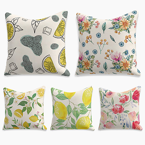 

Double Side Cushion Cover 5PC Linen Soft Decorative Square Throw Pillow for Sofa Bedroom 45 x 45 cm (18 x 18 Inch) Superior Quality Machine Washable Print Summer Fruit Flower Citrus