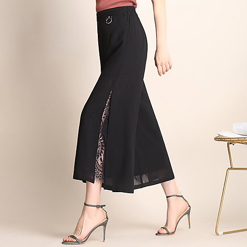 

Women's Fashion Sophisticated Comfort Casual Work Chinos Pants Lines / Waves Color Block Ankle-Length Split Patchwork Black