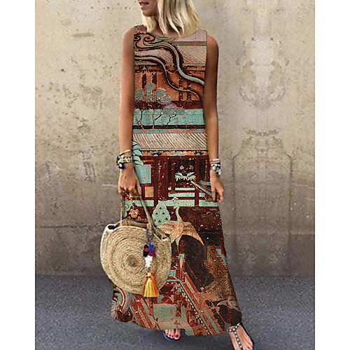 

Women's Shift Dress Maxi long Dress Brown Sleeveless Print Animal Print Spring Summer Round Neck Casual 2021 S M L XL XXL 3XL