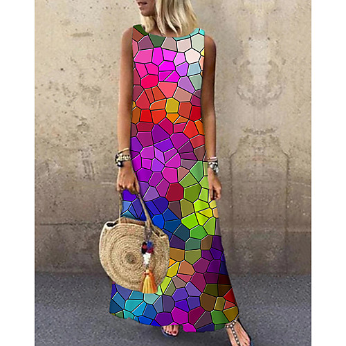 

Women's Shift Dress Maxi long Dress Rainbow Sleeveless Print Color Block Print Spring Summer Round Neck Casual 2021 S M L XL XXL 3XL