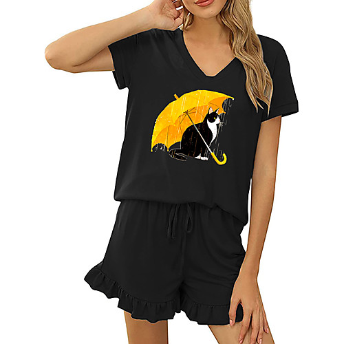 

Women Basic Streetwear Print Cat Vacation Casual / Daily Two Piece Set Tracksuit T shirt Shorts Drawstring Ruffle Print Tops