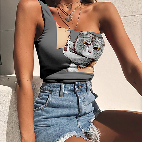 

Women's Tank Top Cat Animal Print One Shoulder Tops Basic Streetwear Basic Top Dusty Rose Khaki Light gray