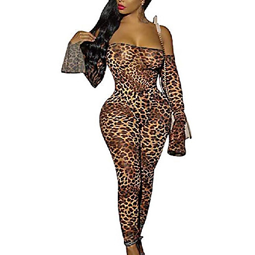 

kaimimei sexy bodycon jumpsuits for women - off shoulder sheer mesh see through long sleeve rompers clubwear leopard brown