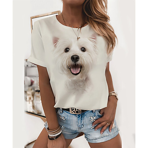 

Women's T shirt Dog 3D Animal Print Round Neck Tops Basic Basic Top White Yellow Gray