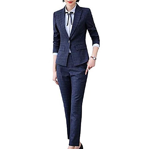 

susielady women's two piece plaid open front long sleeve blazer and elastic waist pant set suit purple