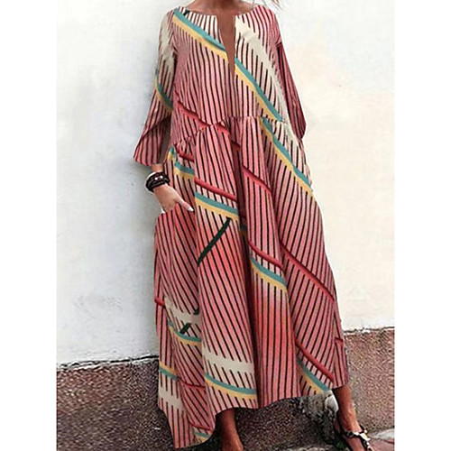 

Women's T Shirt Dress Tee Dress Maxi long Dress Photo Color- Long Sleeve Striped Color Block Summer V Neck Elegant 2021 S M L XL