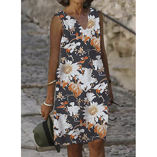 

Women's Shift Dress Knee Length Dress White Black Blue Khaki Sleeveless Floral Print Summer V Neck Casual 2021 S M L XL XXL
