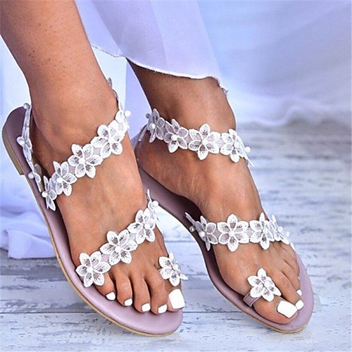 

Women's Sandals Flat Heel Round Toe PU Lace Flower Solid Colored Purple