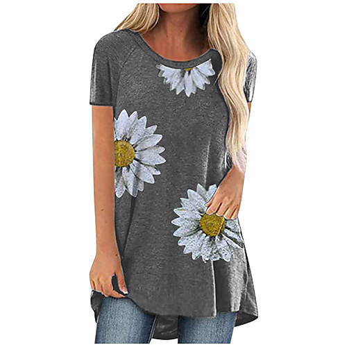 

amazon 2021 summer hot sale casual large size mid-length round neck short-sleeved t-shirt female no. 1 small daisy print