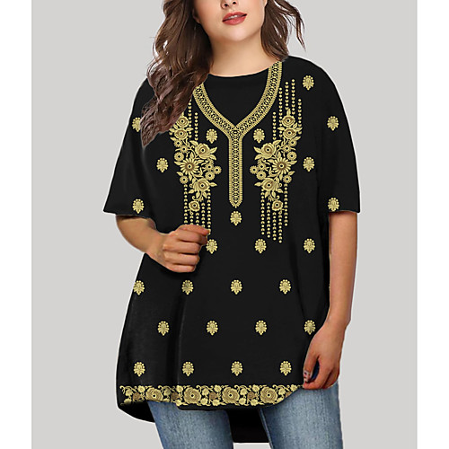 

Women's Plus Size Dresses T Shirt Dress Tee Dress Short Mini Dress Half Sleeve Floral Graphic Tribal Print Basic Fall Light Yellow XL XXL 3XL 4XL 5XL / Holiday