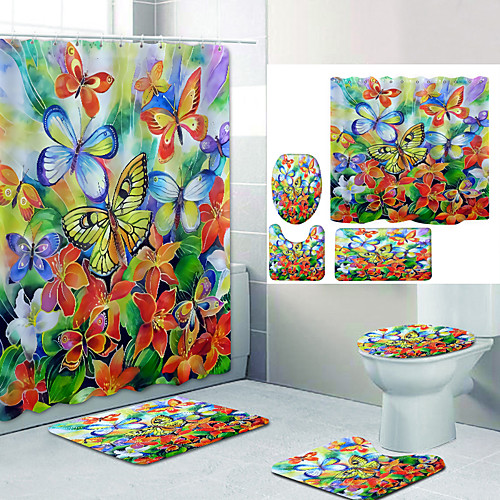 

Colorful Butterfly Flowers Digital Printing Four-piece Set Shower Curtains and Hooks Modern Polyester Machine Made Waterproof Bathroom