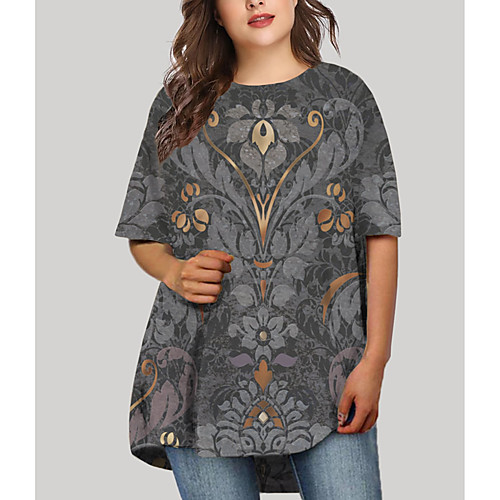 

Women's Plus Size Dresses T Shirt Dress Tee Dress Short Mini Dress Half Sleeve Floral Graphic Print Basic Fall Gray XL XXL 3XL 4XL 5XL / Holiday