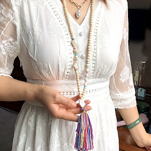 

Women's Long Necklace Tassel European Folk Style Boho Wood Fabric Stone Blue Yellow Ivory Dark Blue Rainbow 90 cm Necklace Jewelry 1pc For Party Evening Street Prom Birthday Party Festival / Shell