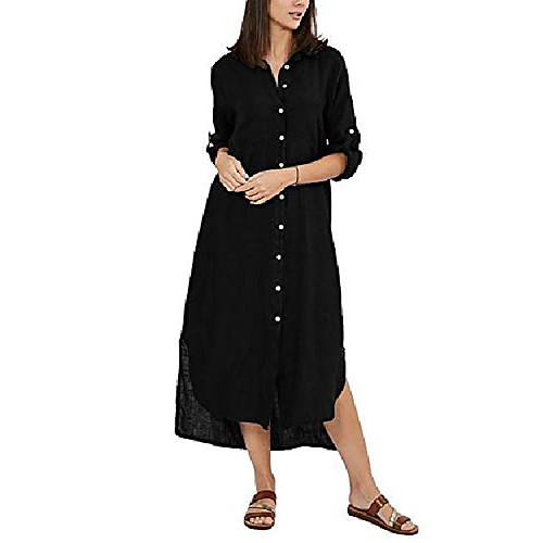 

jacansi women's casual linen dresses roll-up sleeve cotton linen button down long dress with slit (black, x-large)