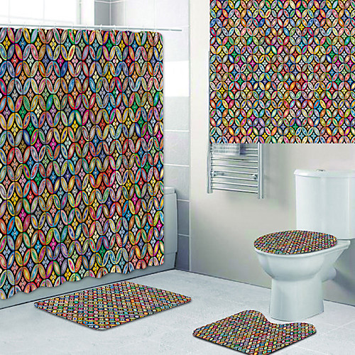 

Colorful Clan Style Printed Bathtub Curtain liner Covered with Waterproof Fabric shower Curtain for Bathroom home Decoration with hook floor mat and four-piece Toilet mat