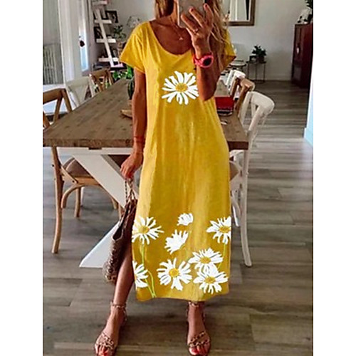 

Women's Shift Dress Maxi long Dress Black Blue Yellow Gray Short Sleeve Daisy Floral Clothing Print Summer Round Neck Hot Casual vacation dresses 2021 S M L XL XXL 3XL