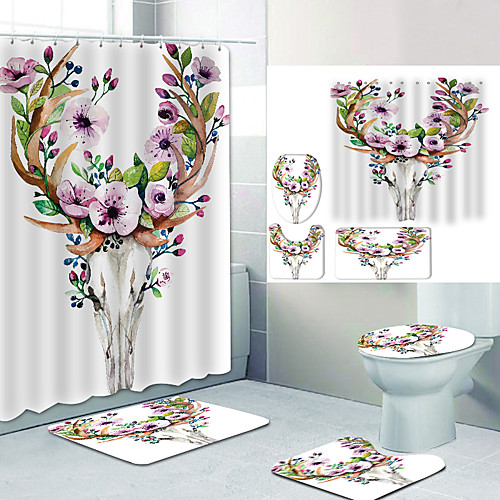 

Sika Deer Head Digital Printing Four-piece Set Shower Curtains and Hooks Modern Polyester Machine Made Waterproof Bathroom