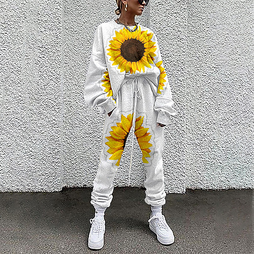 

Women's Basic Streetwear Floral Sunflower Vacation Casual / Daily Two Piece Set Tracksuit T shirt Pant Loungewear Drawstring Print Tops