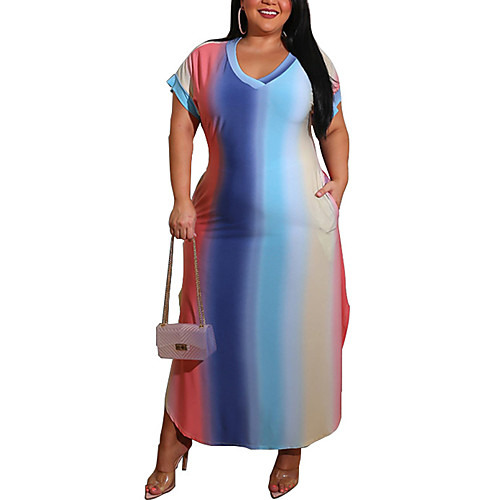 

Women's Plus Size Color Block Pocket Spring Maxi long Dress Swing Dress