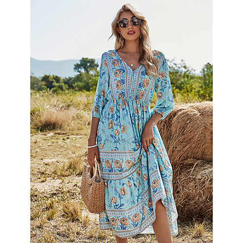 

2021 spring european and american women's v-neck high-waist bohemian dress women's mid-length a-line skirt on amazon