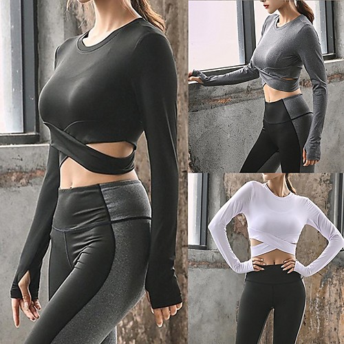 

Women's Crew Neck Running Shirt Yoga Top Solid Color White Black Gray Yoga Fitness Gym Workout Top Long Sleeve Sport Activewear Breathable Weight Loss Comfortable Freedom Micro-elastic Slim