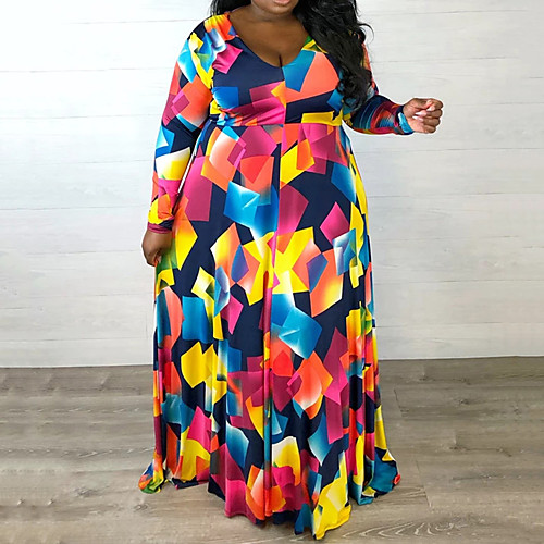 

european and american internet celebrity hot models large size classic color matching printing waist temperament sexy v-neck big swing dress with belt