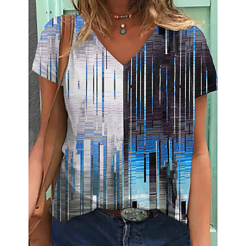 

Women's T shirt Striped Color Block Print V Neck Tops Basic Basic Top Blue Green