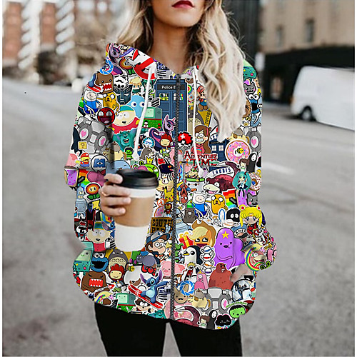 

Women's Jackets Cartoon Characters Print Casual Fall Jacket Regular Daily Long Sleeve Air Layer Fabric Coat Tops Rainbow