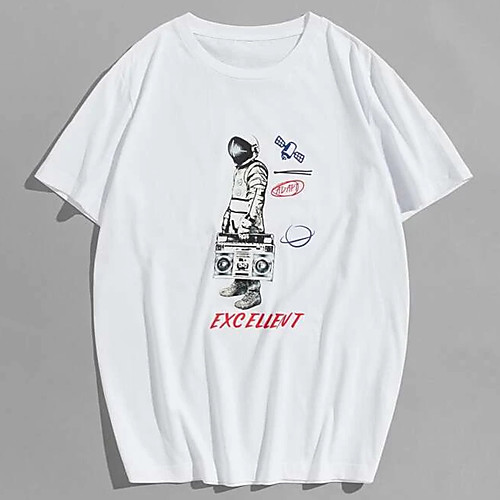 

Men's Unisex Tee T shirt Hot Stamping Graphic Prints Astronaut Plus Size Print Short Sleeve Casual Tops 100% Cotton Basic Designer Big and Tall White