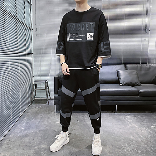 

Men's 2 Piece Color Block Crew Neck Cotton Letter & Number Sport Athleisure Clothing Suit Short Sleeves Breathable Soft Comfortable Everyday Use Street Casual