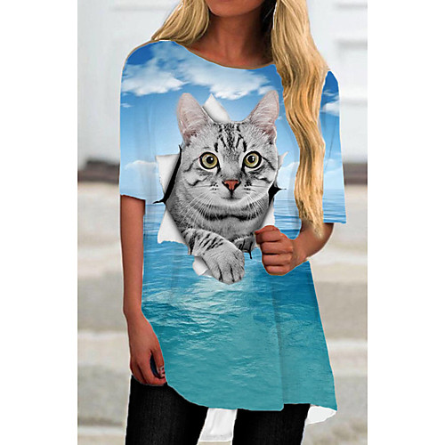 

Women's T Shirt Dress Tee Dress Short Mini Dress Blue Half Sleeve Cat Animal Print Spring Summer Round Neck Casual 2021 S M L XL XXL 3XL