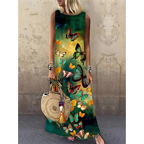 

Women's Shift Dress Maxi long Dress Yellow Green Sleeveless Print Animal Print Spring Summer Round Neck Casual 2021 S M L XL XXL 3XL