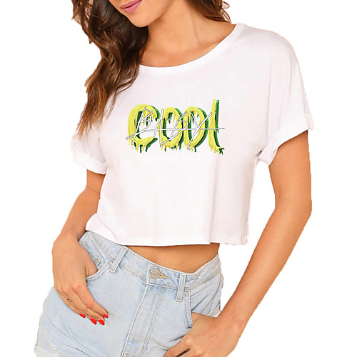

Women's Crop Tshirt Letter Print Round Neck Tops 100% Cotton Basic Basic Top White Black