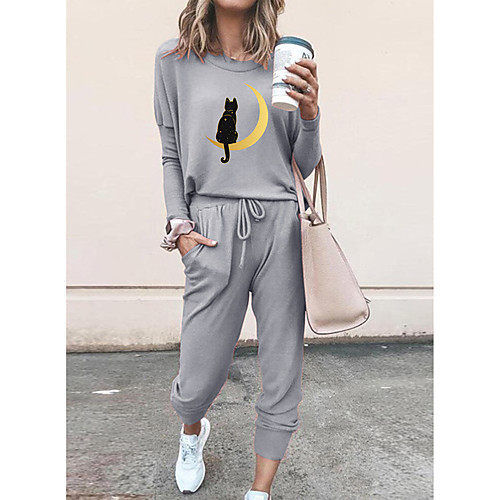 

Women Basic Streetwear Print Cat Vacation Casual / Daily Two Piece Set Tracksuit T shirt Pant Loungewear Drawstring Print Tops