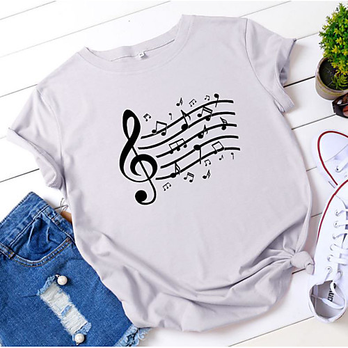 

Women's T shirt Music Print Round Neck Tops 100% Cotton Basic Basic Top White Yellow Blushing Pink