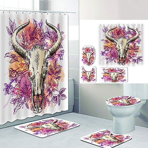 

Longhorn Digital Printing Four-piece Set Shower Curtains and Hooks Modern Polyester Machine Made Waterproof Bathroom