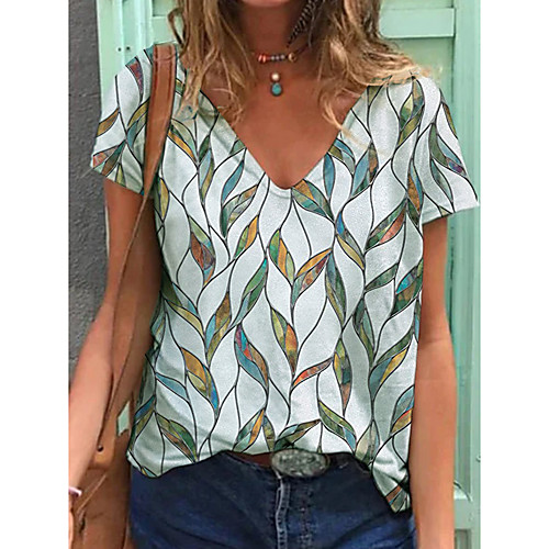 

Women's T shirt Leaf V Neck Tops Basic Basic Top White