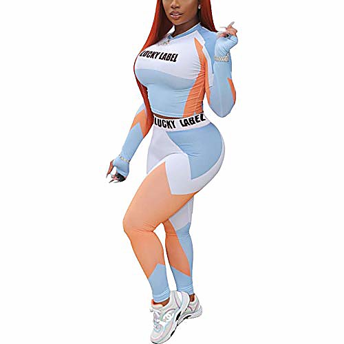 

echoine womens letter printed 2 piece outfits - long sleeve bodycon high waist long pants set sweatsuit clubwear blue