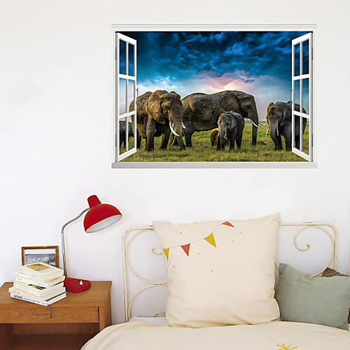 

3D Fake Window New Wall Paste African Elephant Paradise Home Corridor Background Decoration Can Be Removed Stickers