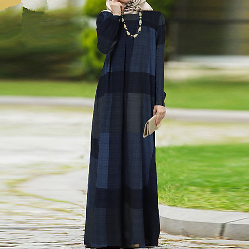 

new products 2020 cross-border autumn check linen national style retro cotton and linen hedging loose waist long dress